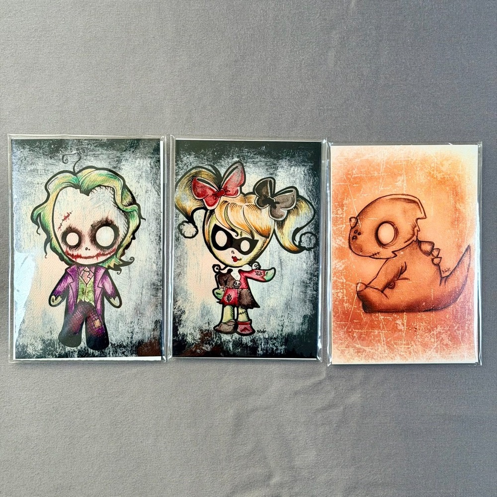 Joker, Harley Quinn, T-Rex Set of 3‎ Fan Art DC Universe, 4.5" x 6" by Binkie